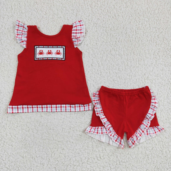 Crab Embroidery Plaid Red Girls Shorts Sets