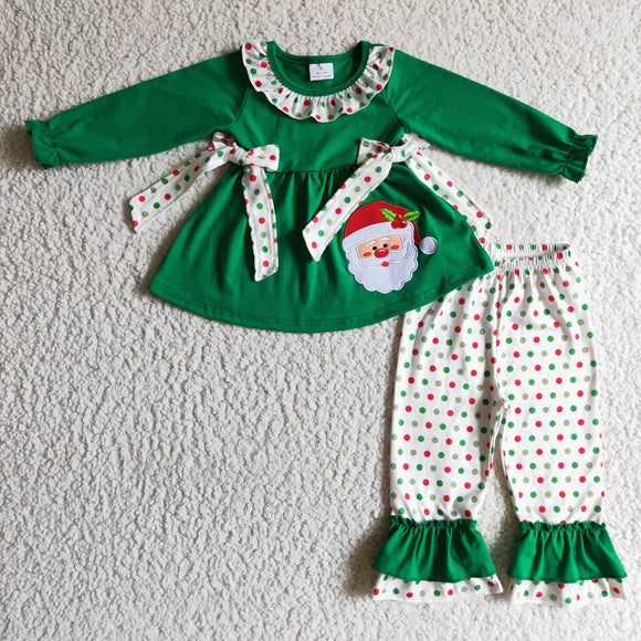 Santa Embroidery Polka Dots Bows Green Girls Christmas Outfits