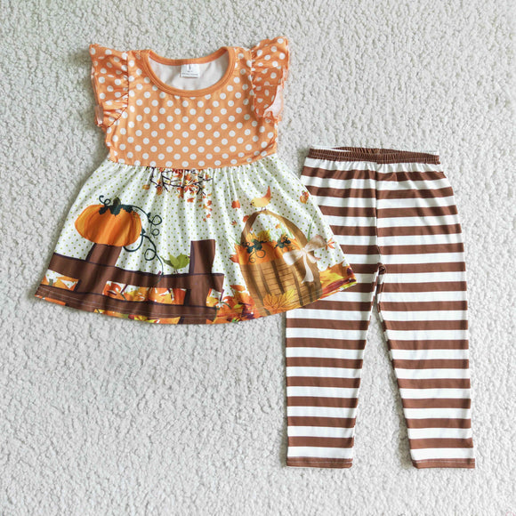 Pumpkin Orange Stripe Legging Girls Short Sleeve+Trousers Sets