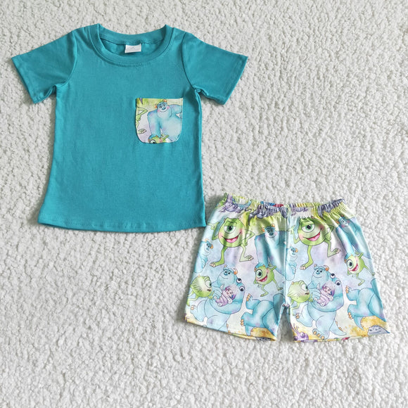 Cartoon Eye Pocket Green Boys Shorts Sets