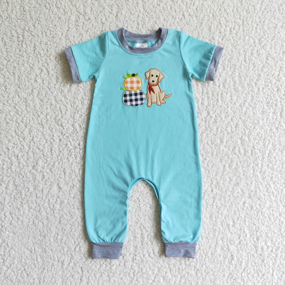 Pumpkin Dog Embroidery Blue Boys Fall Romper