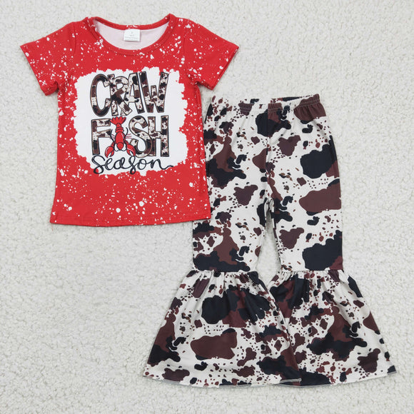 Crawfish Season Cowhide Red Girls Short Sleeve+Trousers Sets