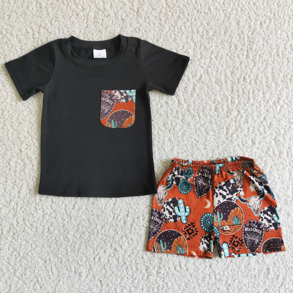 Promotional Cow Cactus Pocket Black Boys Shorts Sets