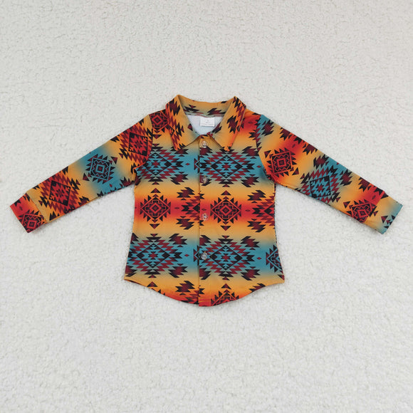 Aztec Collar Red Orange Polo Boys Long Sleeve Top