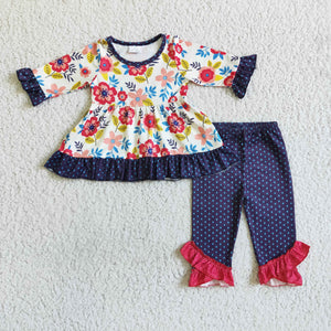 Promotional Floral Ruffles Navy Legging Girls Long Sleeve+Trousers Sets