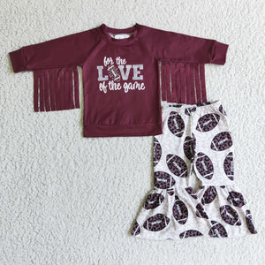 Promotional Love Letters Football Dark Red Tassels Girls Long Sleeve+Trousers Sets