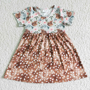Promotional Deer Floral Girls Short Sleeve Dress