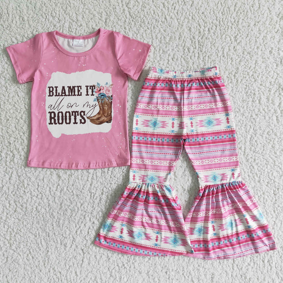 Promotional Boots Pink Aztec Girls Short Sleeve+Trousers Sets