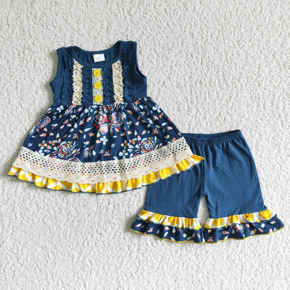 Lace Floral Navy Girls Shorts Sets