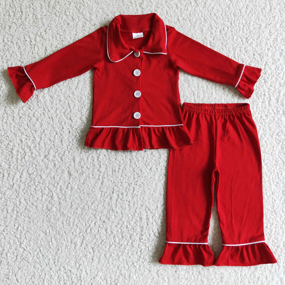 Solid Red Collar Girls Christmas Pajamas