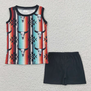 Aztec Highland Cow Stripe Black Boys Shorts Sets