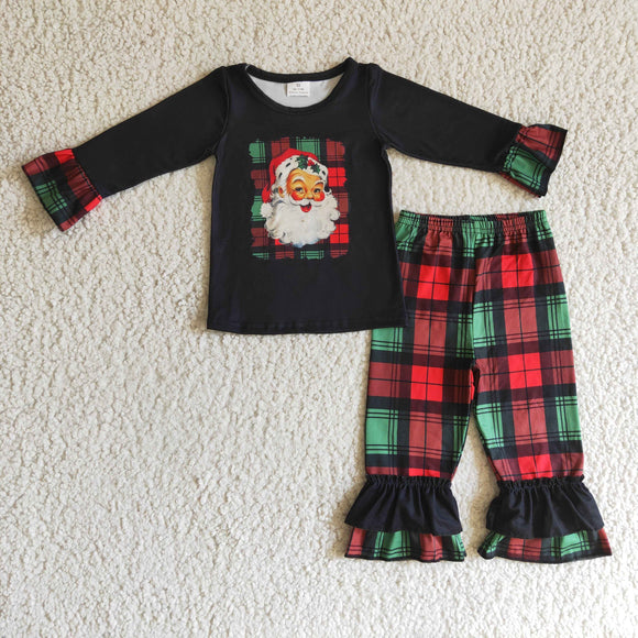 Santa Red Green Plaid Ruffles Black Girls Christmas Outfits