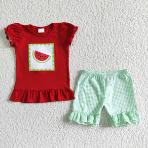 Promotional Watermelon Embroidery Girls Shorts Sets