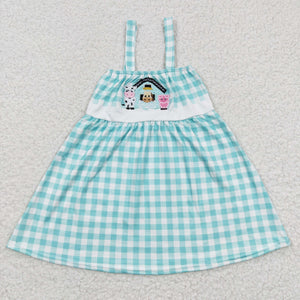 Cow Horse Pig Blue Plaid White Girls Sleeveless Dress