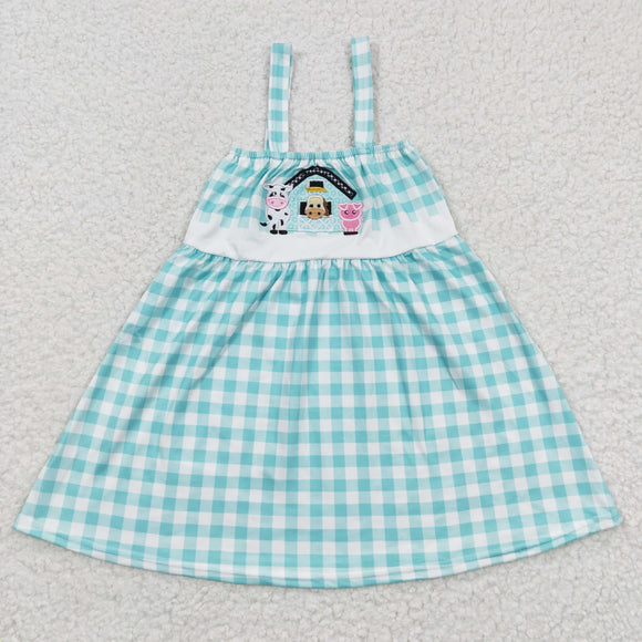 Cow Horse Pig Blue Plaid White Girls Sleeveless Dress