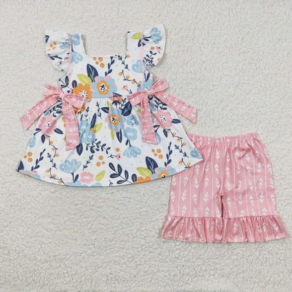 Floral Pink Bows White Girls Shorts Sets