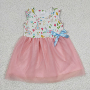 Bunny Floral Bow Pink Gauze White Girls Easter Dress