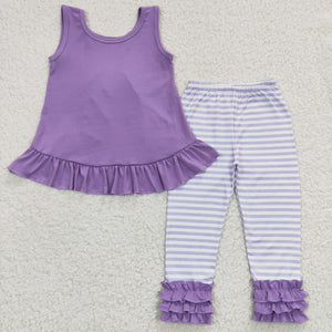 Stripe Solid Ruffles Purple Girls Short Sleeve+Trousers Sets