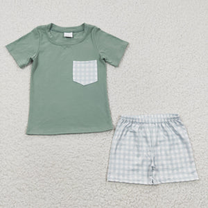 Plaid Pocket Bluish Boys Shorts Sets