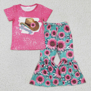 Promotional Howdy Cowgirl Sunflower Pink Girls Short Sleeve+Trousers Sets