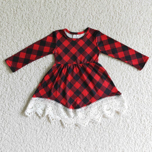 Red Black Plaid Lace Girls Christmas Dress