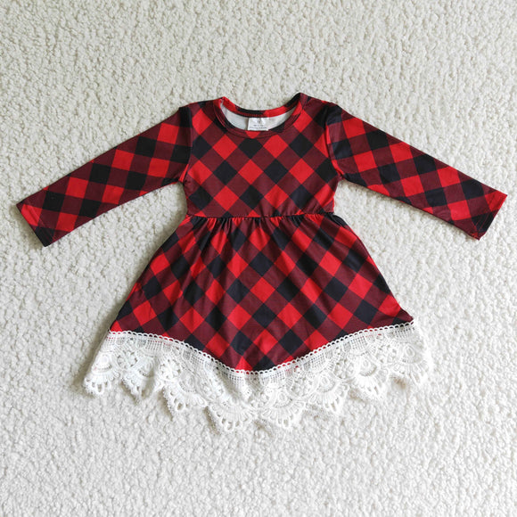 Red Black Plaid Lace Girls Christmas Dress