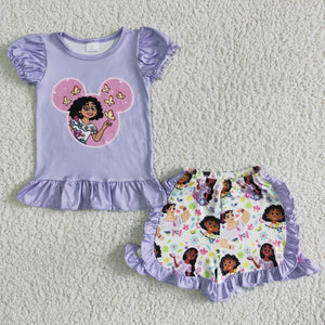Promotional Cartoon Light Purple Girls Shorts Sets