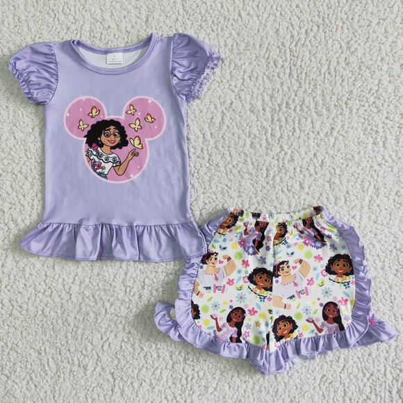 Promotional Cartoon Light Purple Girls Shorts Sets