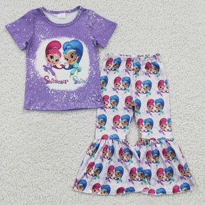 Cartoon Princesses Purple Girls Short Sleeve+Trousers Sets