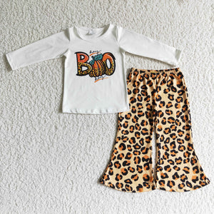 Boo Pumpkin Leopard Print White Girls Halloween Outfits