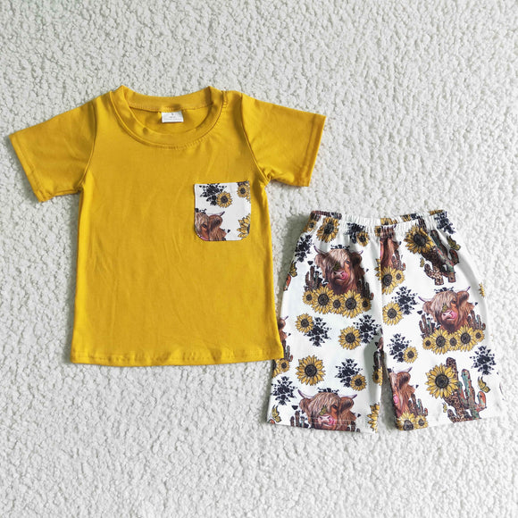 Sunflower Cactus Cow White Yellow Boys Shorts Sets