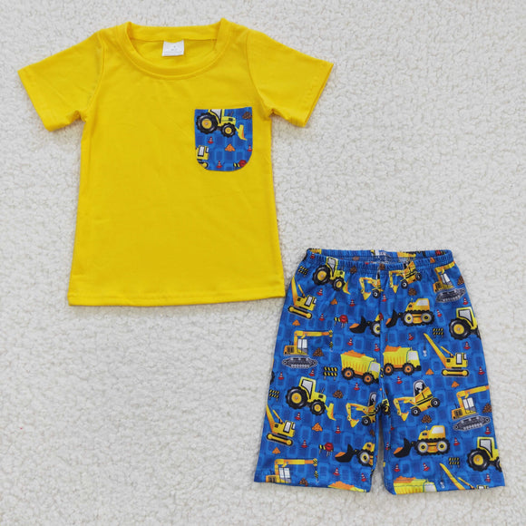 Engineering Vehicle Pocket Yellow Blue Boys Shorts Sets