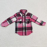 Pockets Hot Pink Gray Plaid Shirt Girls Long Sleeve Top