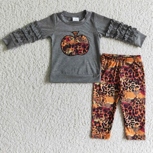 Pumpkin Leopard Print Gray Girls Long Sleeve+Trousers Sets