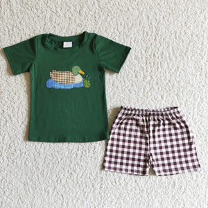 Duck Embroidery Green Brown Plaid Boys Shorts Sets