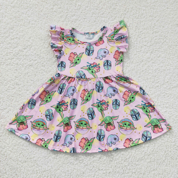 Cartoon Pink Mini Girls Flutter Sleeve Dress