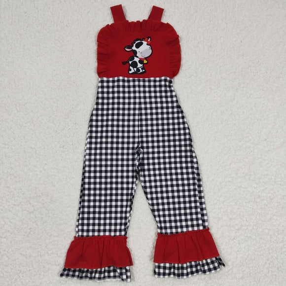 Cow Embroidery Plaid Red Girls Jumpsuit