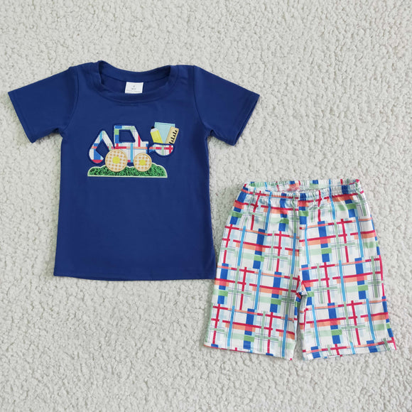 Tractor Embroidery Blue Boys Shorts Sets