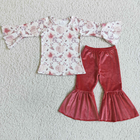 Pumpkin Floral Pink Red Velvet Girls Long Sleeve+Trousers Sets