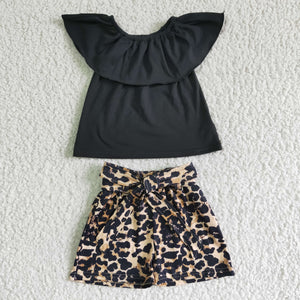 Promotional Leopard Print Belt Black Girls Shorts Sets