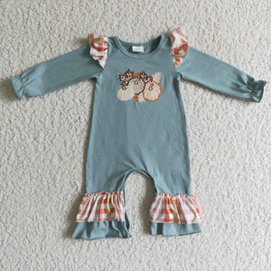 Three Pumpkins Plaid Bluish Girls Fall Romper