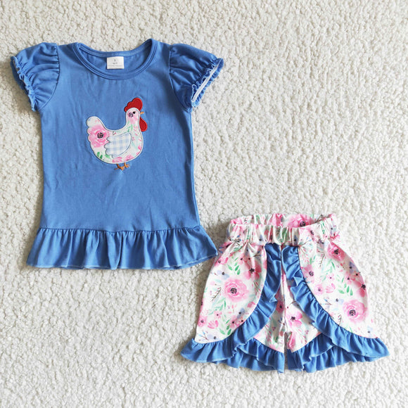 Chicken Embroidery Floral Blue Girls Shorts Sets