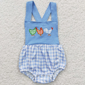 Plaid Chicken Sky Blue Boys Summer Romper