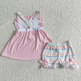 Popsicle Embroidery Pink Bow Girls Shorts Sets