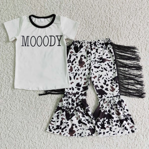 MOOODY Cow Print Tassels White Girls Short Sleeve+Trousers Sets