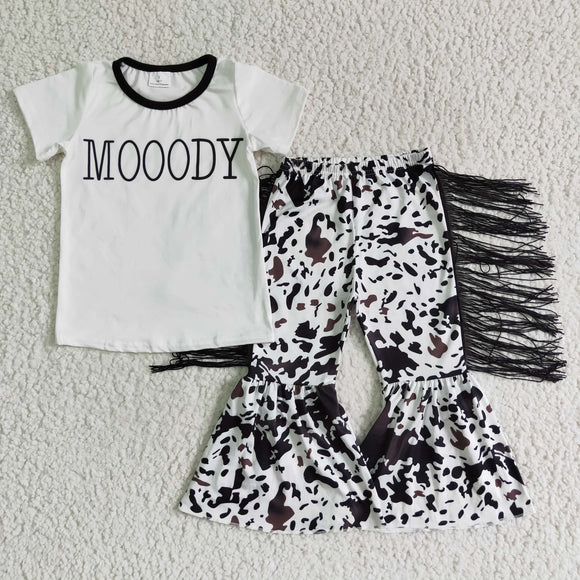 MOOODY Cow Print Tassels White Girls Short Sleeve+Trousers Sets