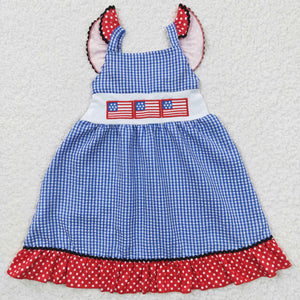 Promotional Flag Blue Plaid Polka Dots Red Ruffles Girls 4th of July Dress
