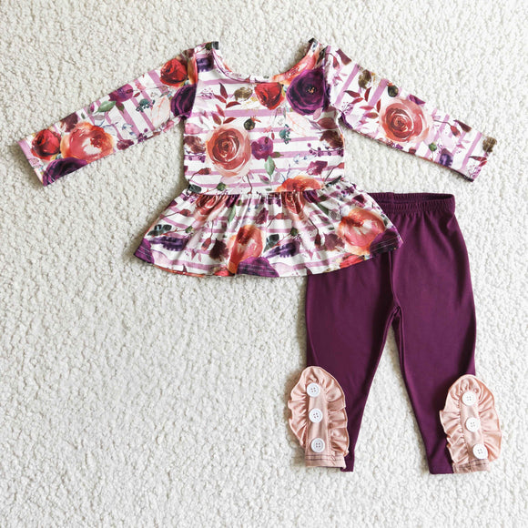 Promotional Floral Purple Legging Girls Long Sleeve+Trousers Sets