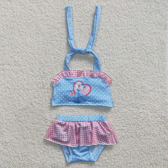 Cartoon Polka Dots Pink Plaid Sky Blue Girls Swimsuits