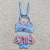 Cartoon Polka Dots Pink Plaid Sky Blue Girls Swimsuits